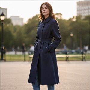 Authentic Burberry 100% Wool Navy Blue Midi Trench Coat Women's 10 Waterproof